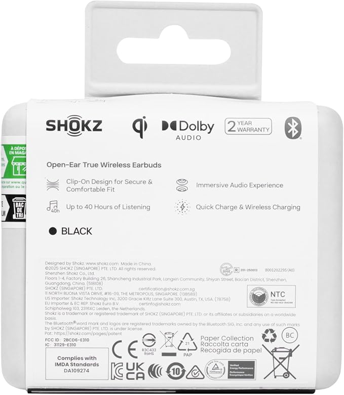 SHOKZ OpenDots ONE - Open-Ear Headphones - Wireless Bluetooth Earbuds with Microphone - Secure, Lightweight, Clip-On Fit - Premium Dolby Audio - Water Resistant - Fast Charging - Up to 40 hrs Playtime