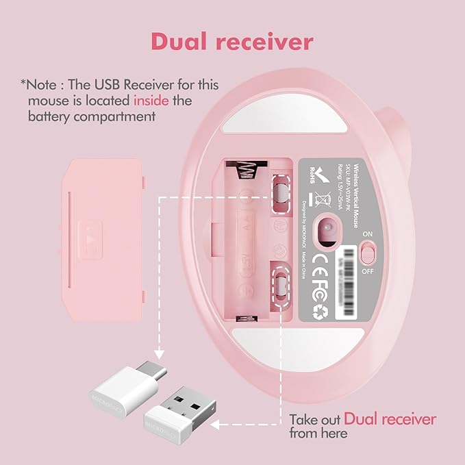 MicroPack Ergonomic Mouse, Vertical Wireless Mouse with USB A & Type-C Receiver, Ergo Design Reduces Muscle Strain, 6 Buttons 800/1200/1600 DPI Mouse for Windows, Mac, PC, Laptop, Pink