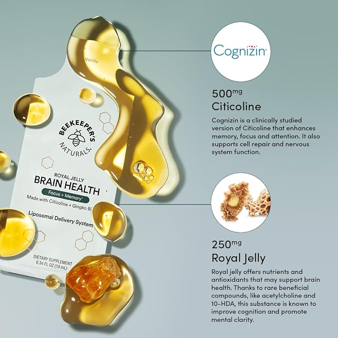 Nootropic Brain supplement by Beekeeper's Naturals, 500 mg Citocoline, Ginkgo Biloba, Bacopa Monnieri & Royal Jelly, Supports Focus & Memory, Easier Absorption, Plus a Tasty Vanilla Flavor, 10ct