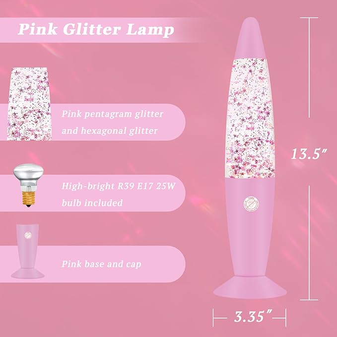 13 Inches Pink Glitter Lamp with Hexagonal and Pentagonal Sparkles for Adults and Kids，Glitter Pink Night Light for Girls Bedroom Home and Party Christmas Thanksgiving Day Decoration