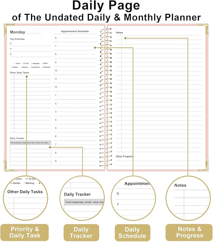 Undated Daily Monthly Planner for 2025 2026 - A5 To Do List with Hourly Schedule, Hardcover Spiral Bound Daily Planner to Increase Focus, Stylish School/Office Supplies, 5.8" x 8.5", Pink