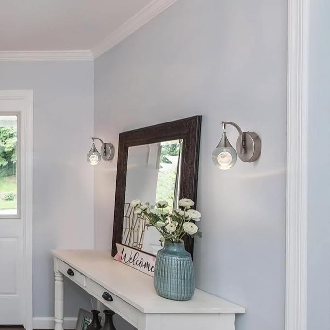 Crystal Wall Sconce, Moon Modern Wall Sconces Indoor, Dimmable LED Wall Light for Bedroom Bedside Batnroom Vanity Living Room Dining Room Hallway. Nickel