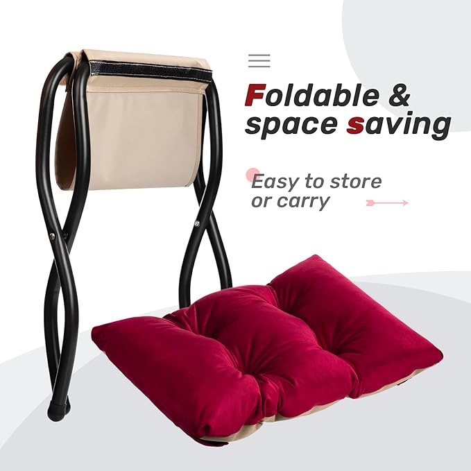 HollyHOME 15"(H) Folding Footrest Stool, Upholstered Small Foldable Ottoman, Accent Padded Sofa Foot Stool for Lazy Chair, Metal Frame Portable Foot Rest Ottoman for Living Room, Bedroom, Burgundy