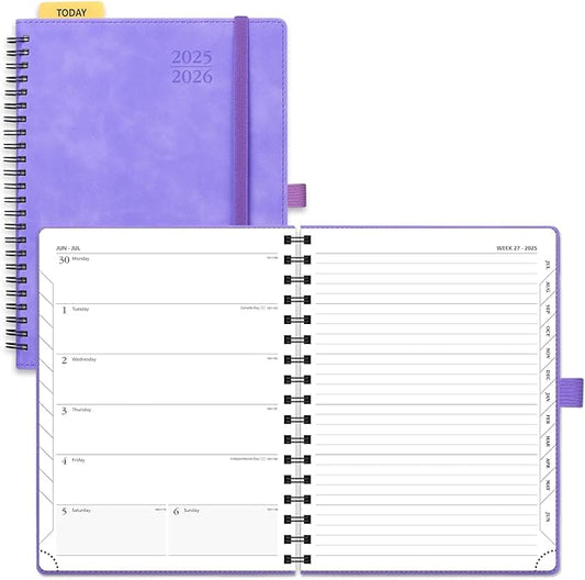 POPRUN Planner 2025-2026 Weekly Notebook (Medium 8.5''x 6.5''), Academic Calendar (JUL.25 - JUN.26) Appointment Book with Monthly Tabs, Spiral Soft Cover, Inner Pocket, 100 GSM - Lilac