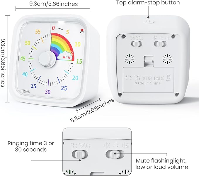 Yunbaoit Visual Timer with Protective Case, Rainbow Disk 60 Minute Countdown Timer for Kids and Adults, Silent Time Management Tool(White)