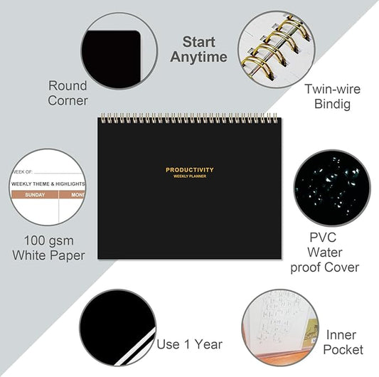 Weekly Productivity Planner - 8.5" x 11" Dashboard Desk Notepad Has 6 Focus Areas to List Tasks for Goals, Projects, Clients, Academic or Meal-Organize Your Daily Work Efficiently, 54 Weeks, Black