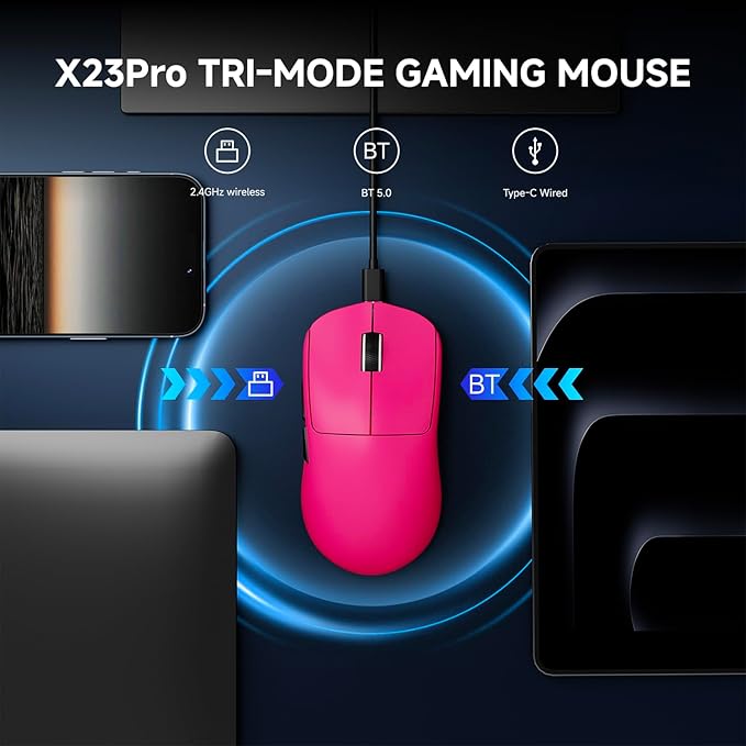 X23Pro Wireless Gaming Mouse, 59g Ultra-Lightweight, 800mAh Rechargeable Mouse, PAW3311 Sensor, 12000 DPI, Tri-Mode Wireless Mouses with 6 Programmable Buttons, Grip Tape, for PC/Mac, Pink