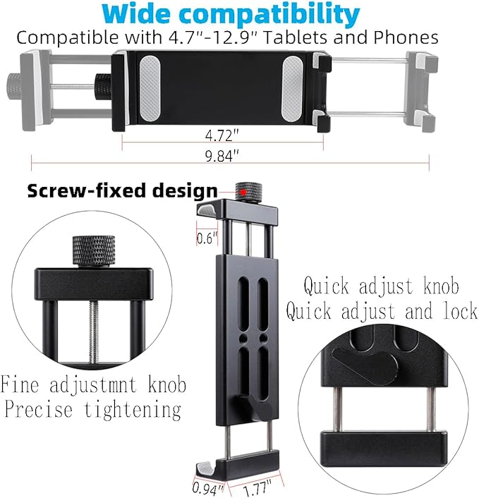 Aluminum Tablet Holder for Mic Stand, Side Mount for All iPad, 360 Rotatable With Super Clamp Compatible for iPad Pro 12.9, Air, Mini, Galaxy Tabs, 4.7-15" Tablets