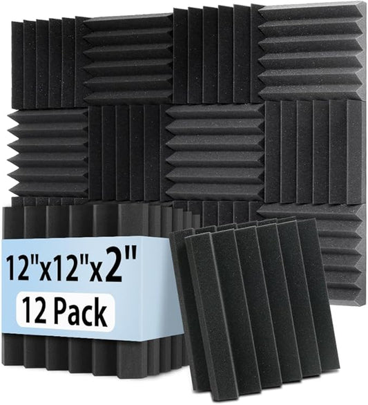 GUERRI 12 Pack Sound Proof Foam Panels for Walls 2" x 12" x 12" Wedges Acoustic Panels Sound Absorbing High Density Fire Resistant Acoustic Foam Sound Panels for Home Studio