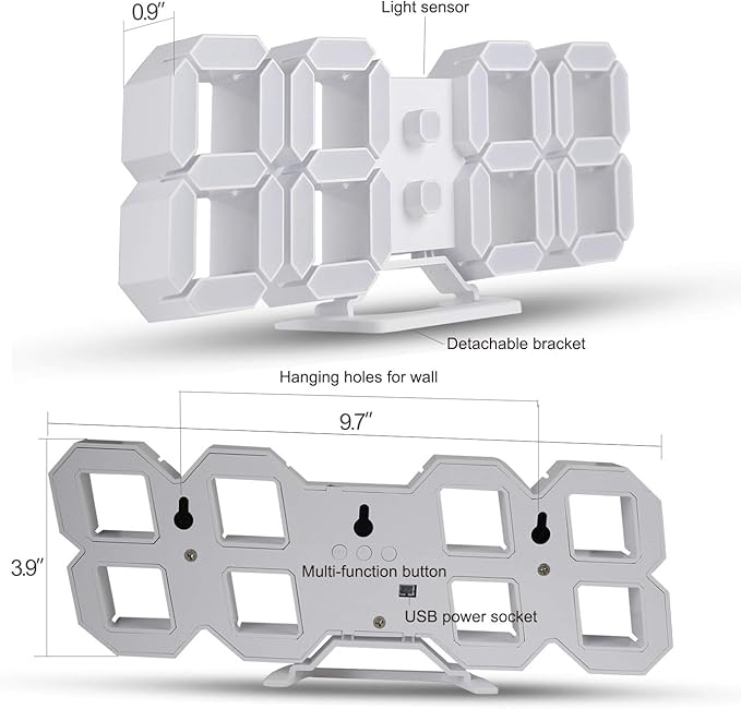 EDUP HOME 3D LED Digital Wall Clock/Desk Alarm Clock with Remote Control for Kitchen Bedroom Office, 9.7" LED Night Light Decor Clock Adjust Brightness 12H/24H Time Date Temperature, Great Gift