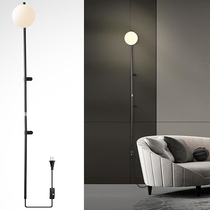 Modern Plug in Wall Sconce Globe Shade Indoor Wall Light, LED Wall Mounted Lamp with Plug in Switch, Wall Lamp for Bedroom Living Room Study Hallway Bedside etc.