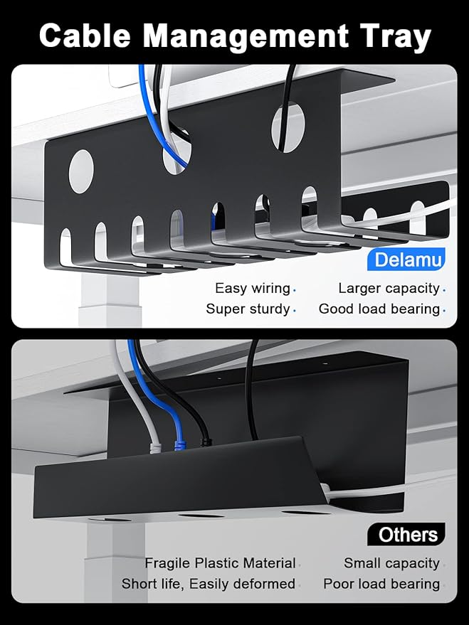Delamu 2 Pack Metal Under Desk Cable Management Tray, U-Channel Cord Organizer Box, Office Under Desk Cord Organizers, Cable Management with Various Accessories, Black, 15.75 Inches