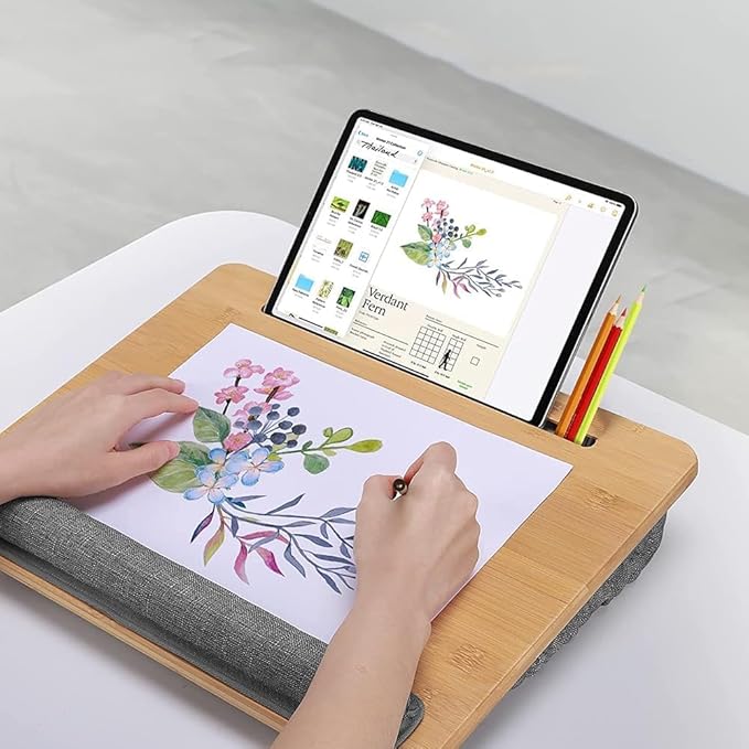 Lap Desk Laptop Tray with Cushion Portable Bed Tray Desk, Adjustable Angle Lap Desk with Tablet Phone Holder, for Home Office, Sofa, Bed, Couch and car. Bamboo Cushioned Laptop Table Tray