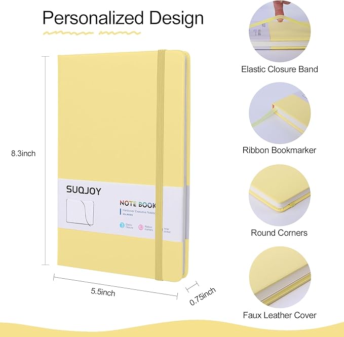 Lined Journal Notebook for Women Men,5.5"x8.3",100 GSM Thick Paper, A5 Hardcover Leather Journaling Notebooks for Writing,Travel,Work & School,College Ruled Notebooks for Note Taking Diary(Yellow)