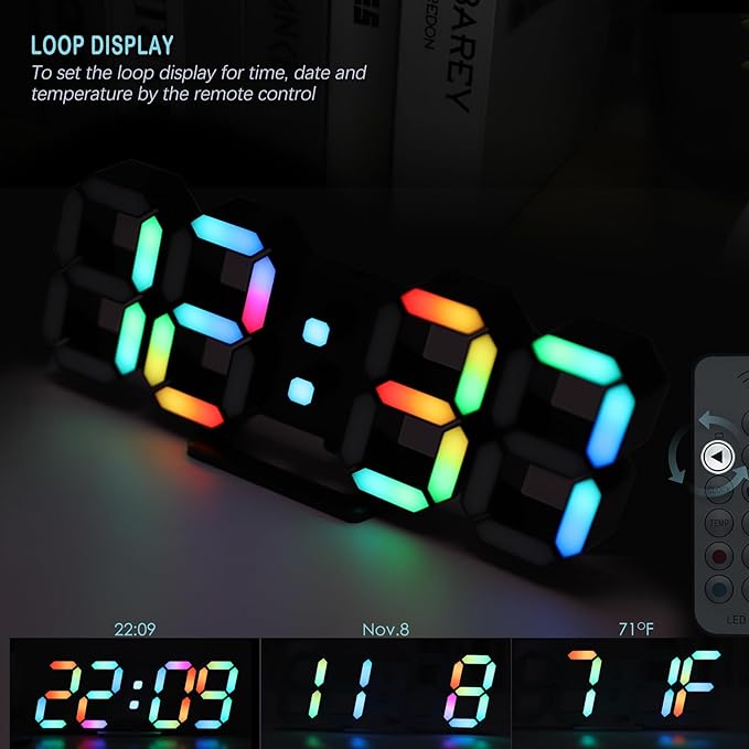 KOSUMOSU LED Digital Clock Neon Clock 9.7" Black Gaming Clock RGB LED Wall Clock for Living Room Desk Clock Large Display Clock for Bedroom, Black Clock with Dimming