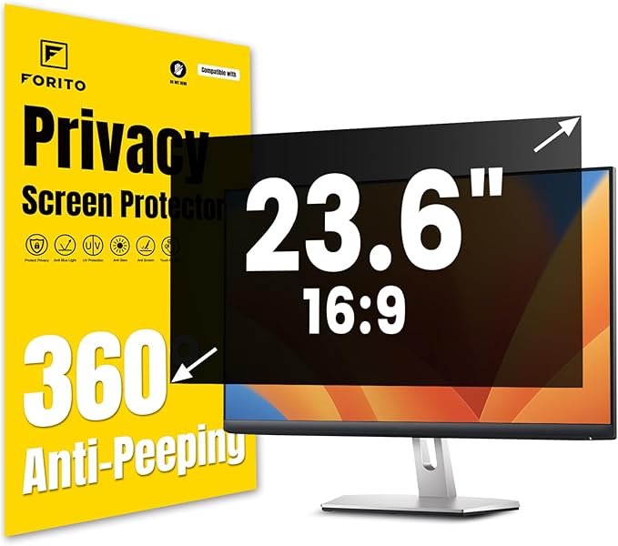 F FORITO 23.6 Inch 16:9 360°Privacy Screen Protector for Computer Monitor, Removable Eye Protection Anti Blue Light Anti Glare Computer Screen Privacy Shield for 23.6" Widescreen Monitors