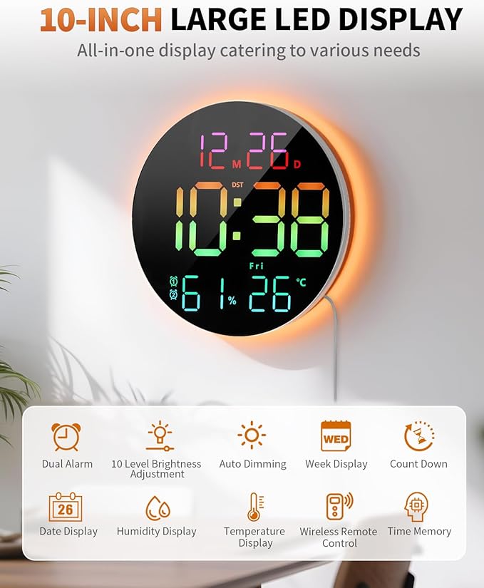 10 Inch Large Digital Wall Clock with 13 Color Changing Remote Control, Date Week Temperature, Auto Brightness Dimmer Big Clock with Night Lights,RGB