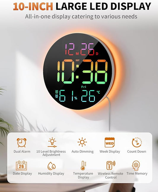 10 Inch Large Digital Wall Clock with 13 Color Changing Remote Control, Date Week Temperature, Auto Brightness Dimmer Big Clock with Night Lights,RGB