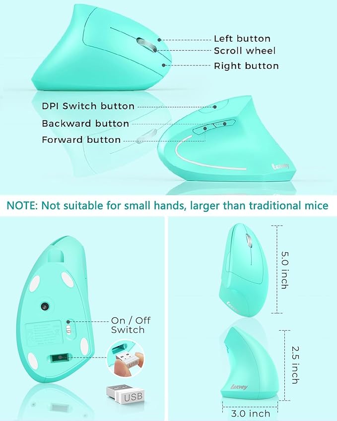 Lekvey Ergonomic Mouse, Vertical Wireless Mouse Rechargeable 2.4 GHz Optical Carpal Tunnel Mouse : 800/1200 / 1600 DPI, 6 Buttons, for Laptop, PC, Computer, Desktop, Notebook etc, Green