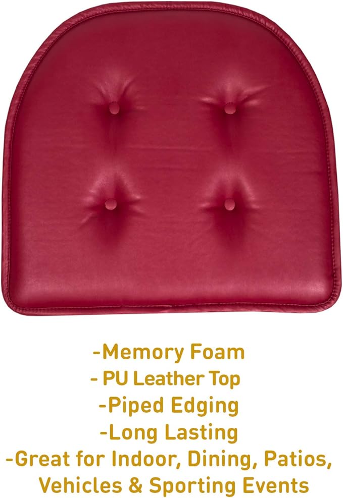 Sweet Home Collection Chair Cushion Memory Foam Pads Tufted Slip Non Skid Rubber Back U-Shaped 17" x 16" Seat Cover, 6 Pack, Faux Leather Burgundy Red, (Pack of 2)