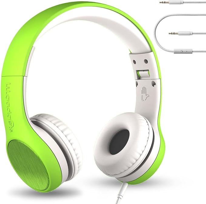 LilGadgets Connect+ Style On-Ear Kids Headphones w/Microphone - SharePort Technology, SoftTouch Padding, Detachable Cable, Noise Reduction, Durable & Adjustable, Green Kids Headphone with Microphone