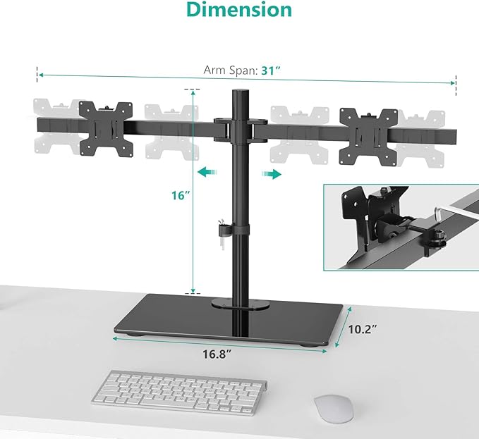 WALI Free Standing Dual Monitor Stand, Height Adjustable Monitor Mount with Glass Base, Fits LCD LED Flat Curved Screen up to 27 inch, 22lbs, with Grommet Base (GMF002)