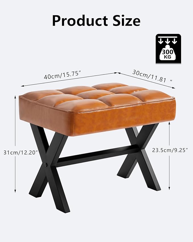 IBUYKE Small 12" H Footrest Stool, Square PU Foot Stool with Metal X-Leg, Multi-Use as Small Side Table, Step Stool for Living Room, Bedroom, Entryway, Office, Light Brown WBD012J