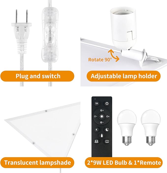 2 Pack Corner Light with 9W LED Bulb and Remote, 3 Color Temperature Corner Lamp, Dimmable Plug in Pendant Lights for Ceiling with Acrylic Shade, Plug in Ceiling Light for Living Room, Bedroom