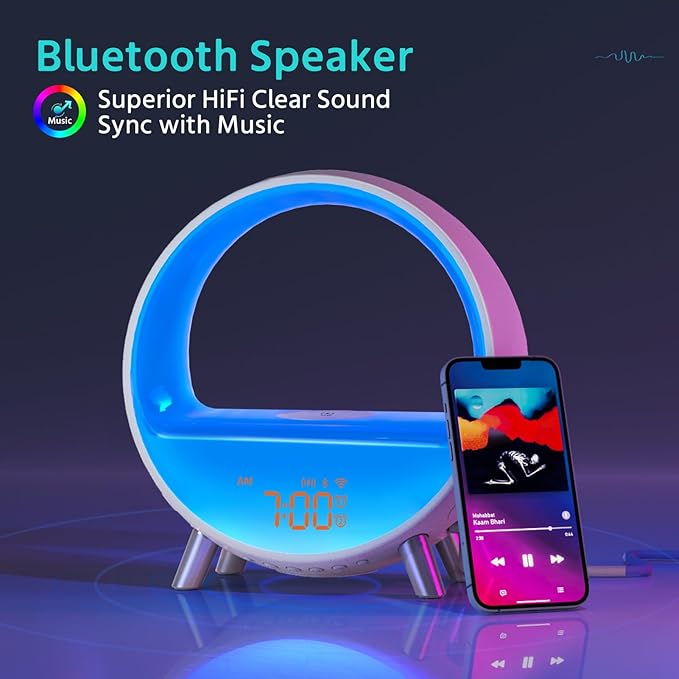 MOMILLA Sunrise Alarm Clock with Wireless Charging Station, Bluetooth Speaker, White Noise Sound Machine, Night Lights Table Lamp, Alarm Clocks for Heavy Sleepers Bedrooms Kids/Baby/Adults