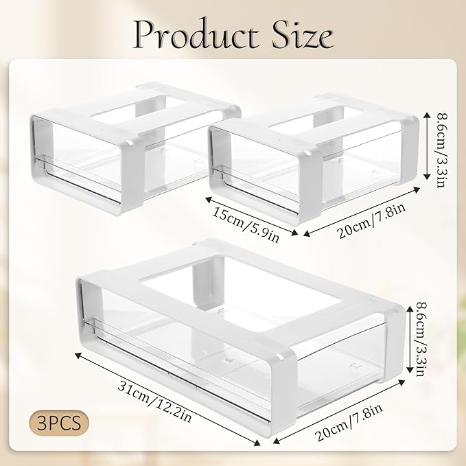 3 Pcs Under Desk Drawer Organizer, Table Hidden Slide Out Desk Drawers Clear Mounted Desktop Pencil Holder 2 Sizes Drawer Divider for Home Office Kitchen Bedroom