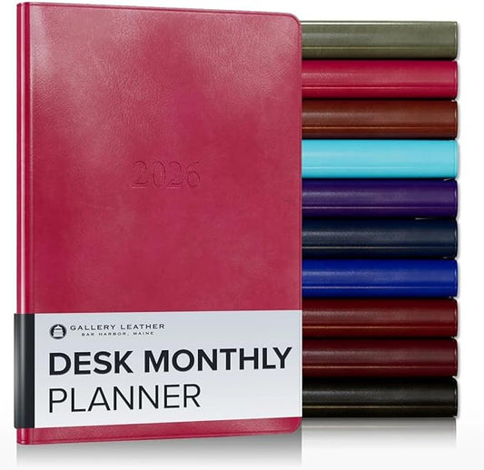 Gallery Leather Desk Monthly Planner 2025-2026, Elegantly Bound Calendar Planner and Notebook with Stylish Gold-Gilded Page Edges, 18 Months - Acadia Wild Rose - 8x5.5”