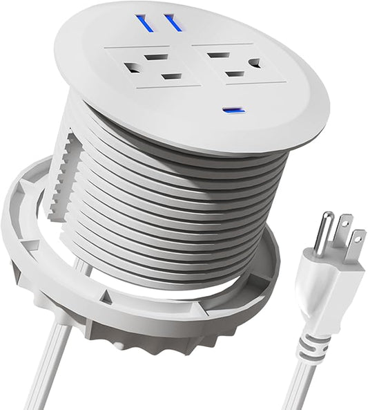 3 Inch Desktop Power Grommet,20W USB C Fast Charging Station,3-USB Port,Flush Mount,6.5 ft Power Cord.Round Recessed Power Strip,Desk Hole Grommet Outlet for Workspace,Sofa,White