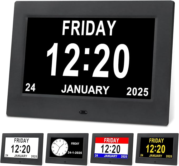 Black Clock with Day and Date for Elderly Dementia Patients-Large Number Digital Clocks for Seniors-Digital Calendar Day Clock for Seniors Large with 12 Alarms, Auto Dimming