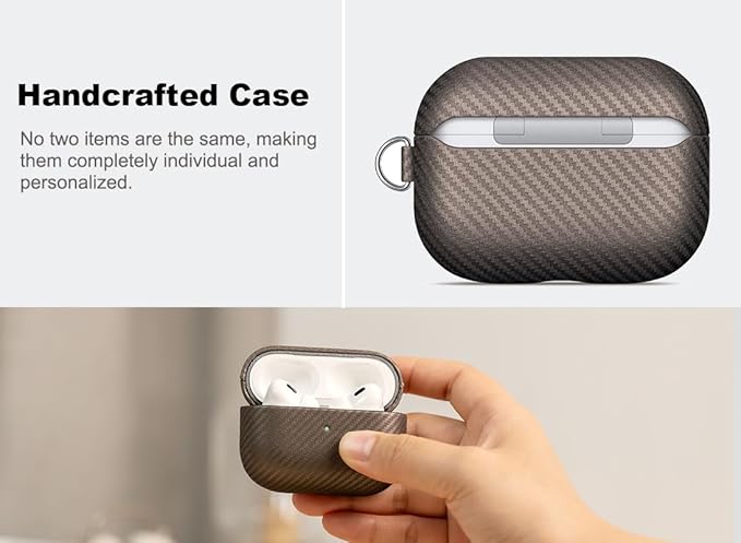 Leather Case - for AirPods Pro 2 Case Cover with Keychain - Selected Skin-Friendly Leather, Carbon Fibre Texture, Handmade Hard Cover for AirPods Pro 2nd Generation Earbuds - Desert Titanium