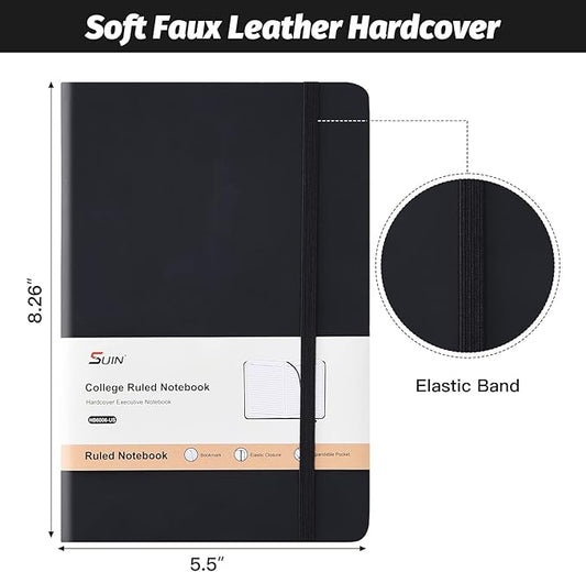 SUIN Hardcover-Journal-Notebooks, A5 Lined Journals Notebook for Writing 200 Pages, 8.2 x 5.5 inch, Classic Ruled Notebooks for Work/Travel/College (Black - 6 Pack)