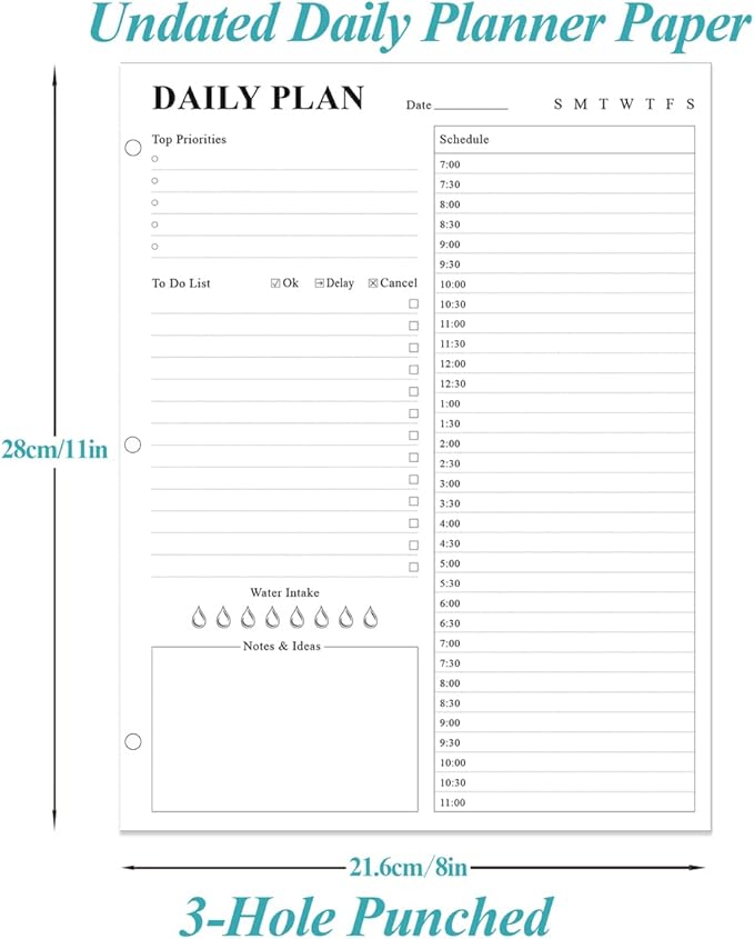 (2-Pack) Undated Daily Planner Refill - A4 Planner Inserts, 200 Sheets/400 Pages Planner and Lined Refill, 3 Hole Punched To Do List Refills, 100 gsm White Paper, 8.5'' x 11''