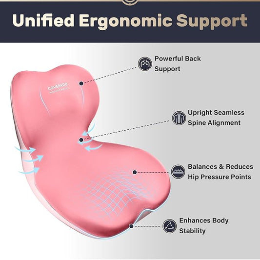 Coverado Seat Cushion and Lumbar Support Pillow One Piece for Car Office Chair, Ergonomic Memory Foam Desk Chair Cushion Back Support Pillow, Sciatica & Back & Tailbone Pain Relief Cushion-Pink