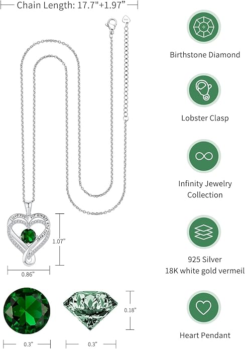 Jewelry for Women Wife Infinity Heart Birthstone I Love You Necklace S925 Anniversary Women Necklaces for Her Wife Birthday Gift Ideas, Birthday Present for Girlfriend Mom Daughter Sterling Silver