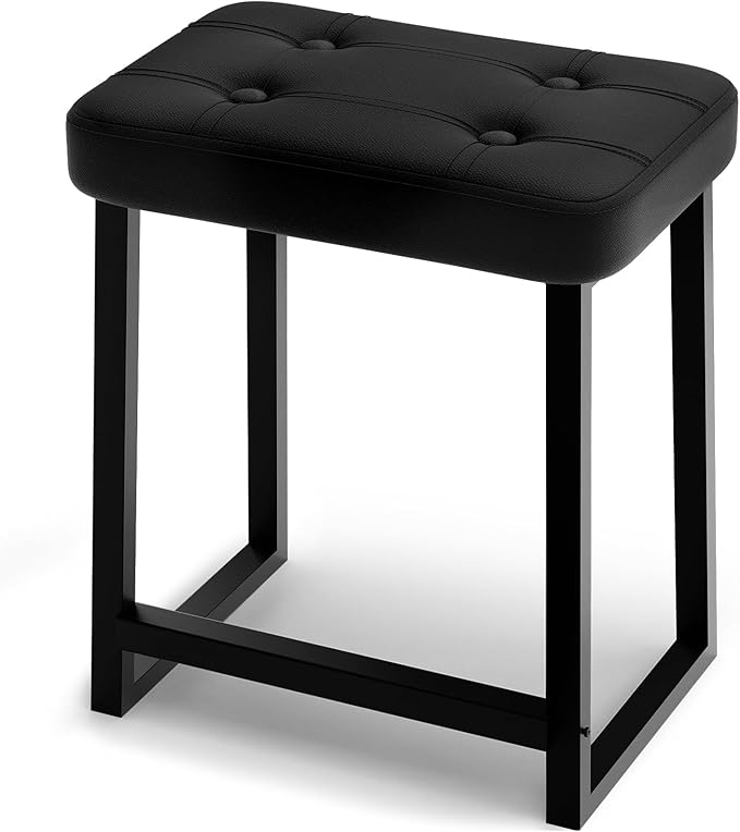 Vanity Stool Chair, Makeup Stool for Vanity,Small Ottoman Footrest for Bathroom, Bedroom, Living Room, Entryway, Offices，Leather &Metal Legs with Anti-Slip Feet, Black