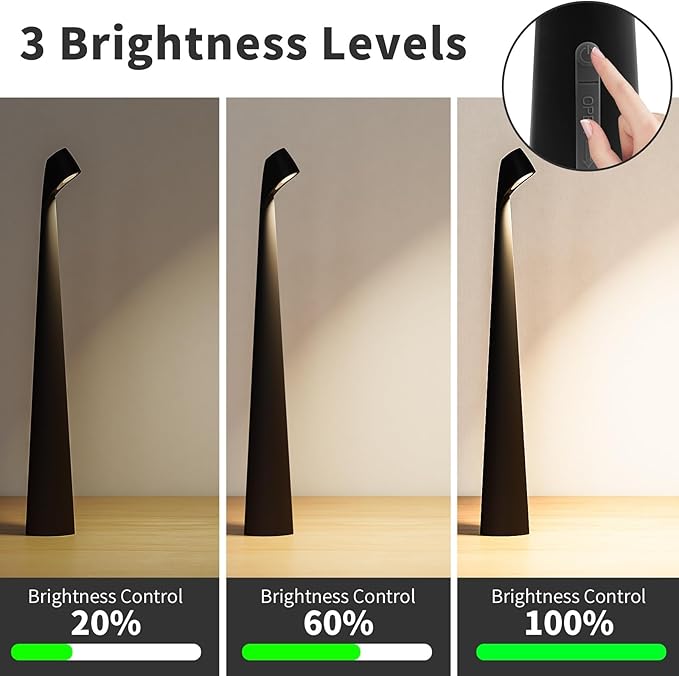 Cordless Portable LED Table Lamp,Built-in Rechargeable Battery-5000mAH,Dimmable Touch Small Desk Reading Lamp with 3-Level Brightness for Bedroom/Living Room/Office (Black)