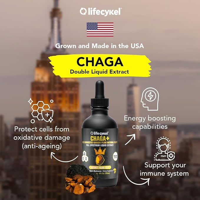 Life Cykel - Chaga Mushroom Extract with Kakadu Plum - Double Extracted Mushroom Tincture - Non-GMO Immune Support Supplement for Adults and Kids - 2 Fl Oz