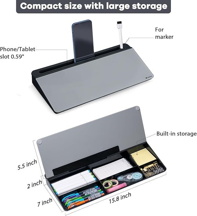 Varhomax Glass Desk Whiteboard with Storage, Desktop Organizer to-do List Memo Notepad Dry Erase White Board for Home Office and School Supplies (Black&Gray)