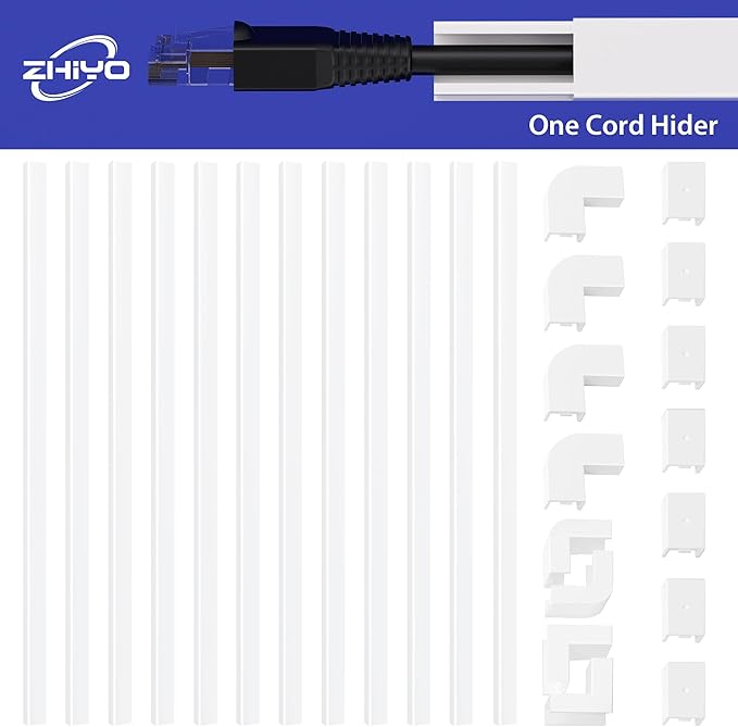 ZhiYo 204in Cord Covers for Wires on Wall, Cord Hider for 1 Wire, Wall Cable Hiders for Mounted TV, Wire Covers for Cords, Cable Management Raceway kit, 12x L17in, W0.6in H0.4in, White