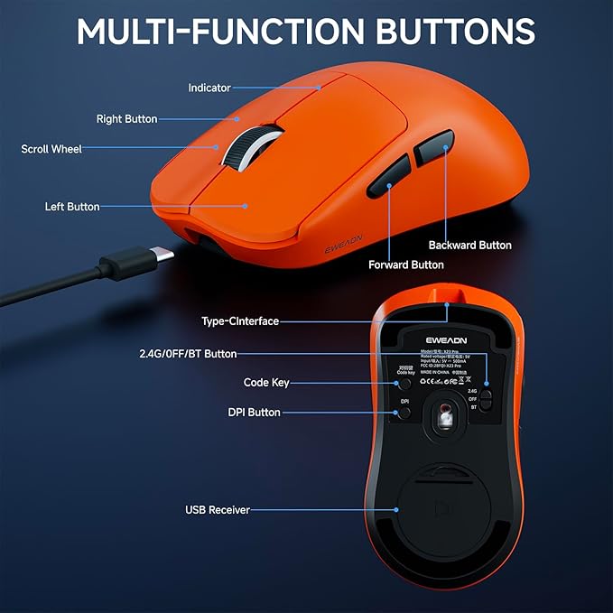 X23Pro Wireless Gaming Mouse, 2.4G/BT5.0/USB-C Esports Gaming Mouse, 800mAh Rechargeable Lightweight Mouse Gaming, 12000 DPI Wireless Mouse with 6 Programmable Buttons,For Laptop/PC/Mac, Orange