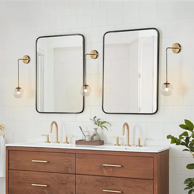 BOKT Mid Century Modern Globe Wall Sconce Lighting Brushed Brass Gold Bathroom Wall Lights Clear Bubble Glass Ball Wall Light Fixture Lamp Bedroom Bedside Wall Light (Gold+Clear)