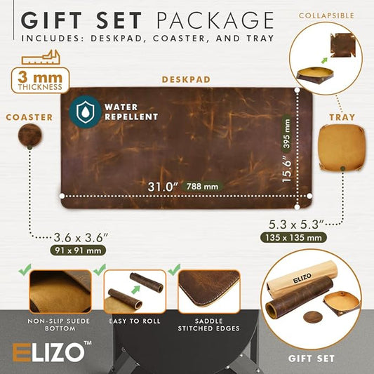 ELIZO Leather Desk Pad Real Leather Desk Mat Thick (3mm) Double Layer (31x15.6) Cover Blotter Desk Protector Large Computer Mat for Keyboard Mouse Pad Table Laptop Mat Office Desktop Accessories