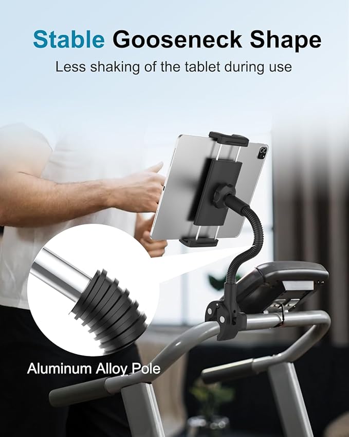 Tablet Holder for Wheelchair/Stroller/Spin Bike/Treadmill/Mic Stand/Boat/Handlebar Clamp, 360° Gooseneck Mount with Adjustable Arm for 4-13" iPad Pro Air Mini, Phone, Galaxy Z Fold, Fire HD