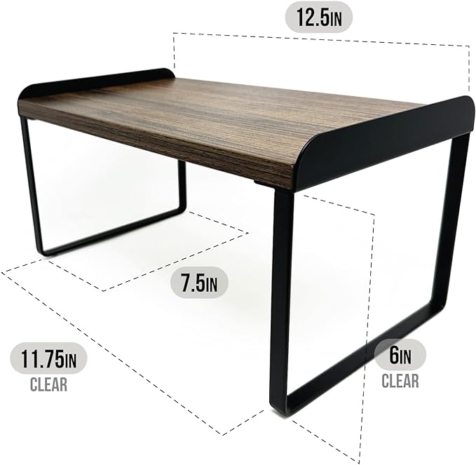 Mitus Shelf Organizer and Storage, Tiered Wood Cabinet Rack for The Kitchen Counter, Bathroom Counter, Pantry Cupboard, Office Desk Bookshelf, 12" Wide Walnut Brown and Black