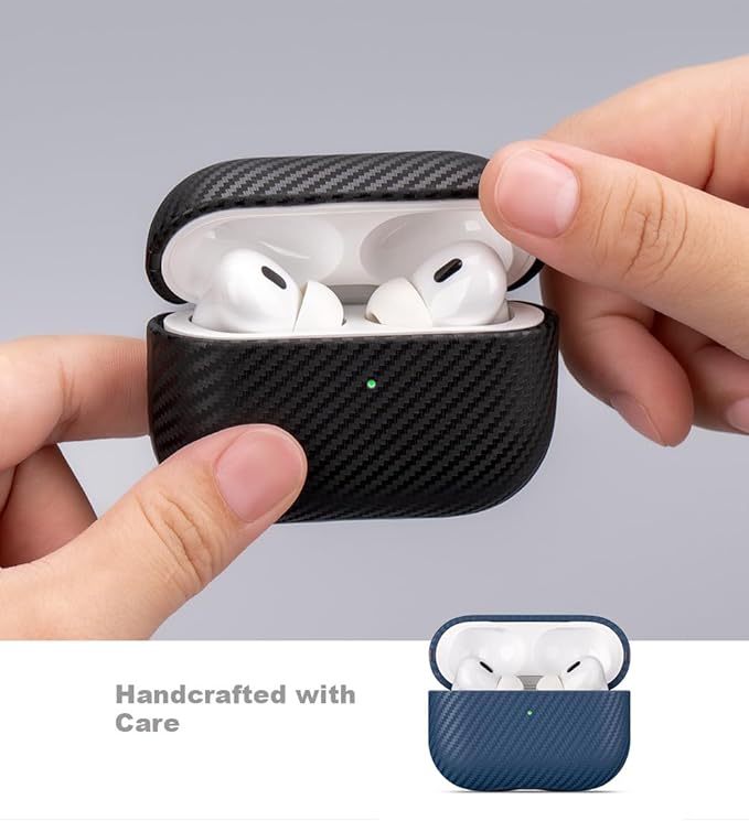 LOPIE Leather Case for AirPods Pro 2nd Generation - Handmade AirPods Pro 2 Case Cover - Made of Real Leather - Protective Hard Shell Cover - Carbon Fiber Style - Wireless Charging Compatible - Blue