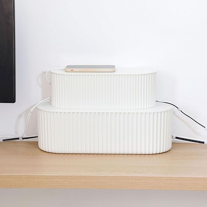 White Cable Box Organizer, Plastic Cord Hider Box with Lid for Desk and Floor, Power Strips Cover for Home, Office, Computer, TV, School, Kitchen, Surge Protector Cover (Small)